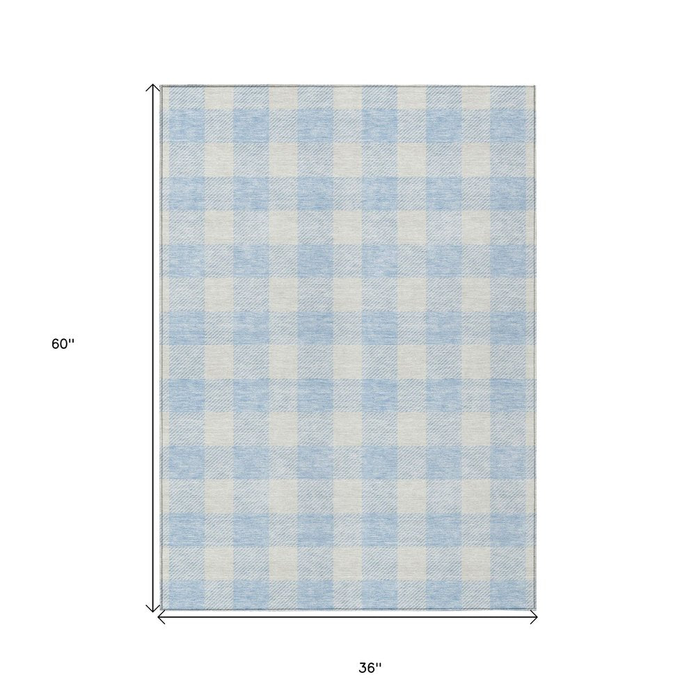 3' X 5' Sky Blue And Gray Plaid Washable Indoor Outdoor Area Rug