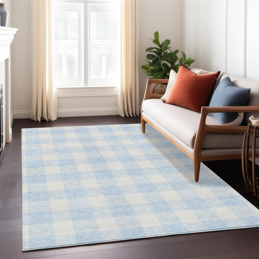 3' X 5' Sky Blue And Gray Plaid Washable Indoor Outdoor Area Rug