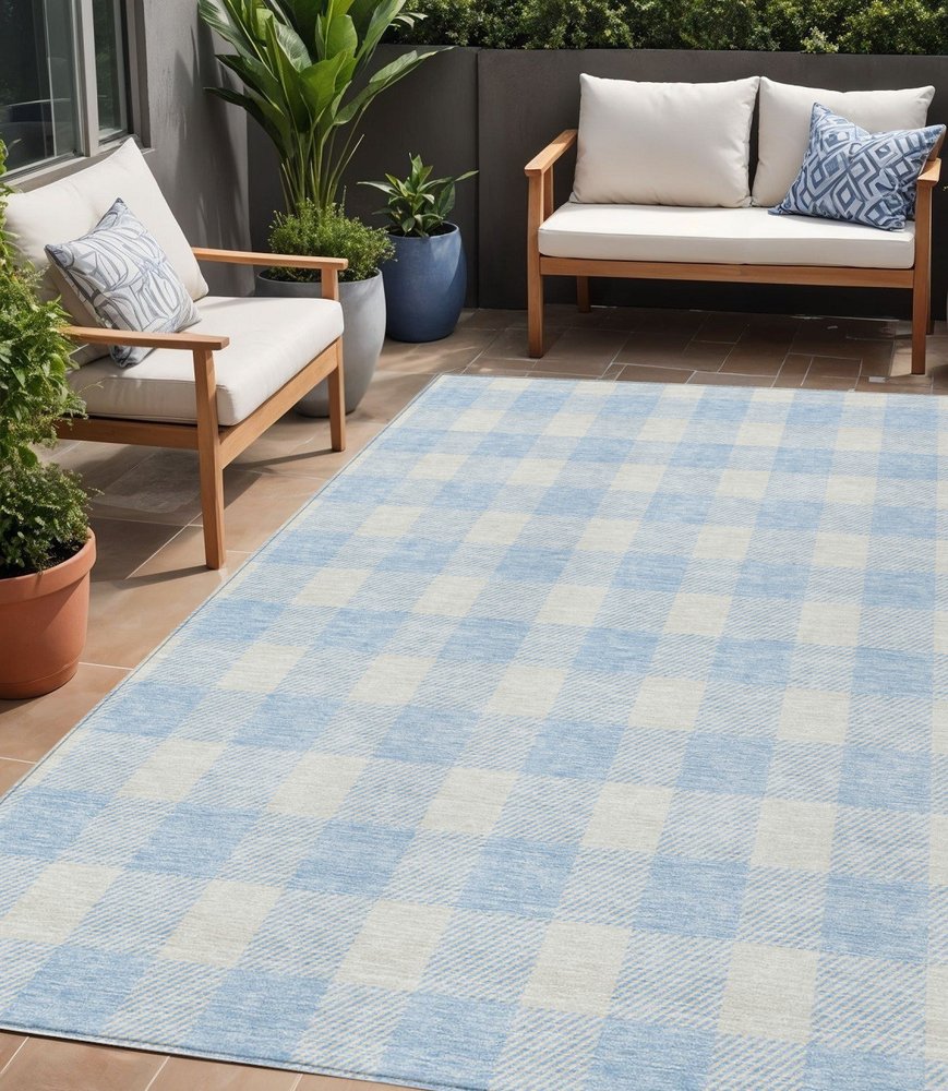 3' X 5' Sky Blue And Gray Plaid Washable Indoor Outdoor Area Rug