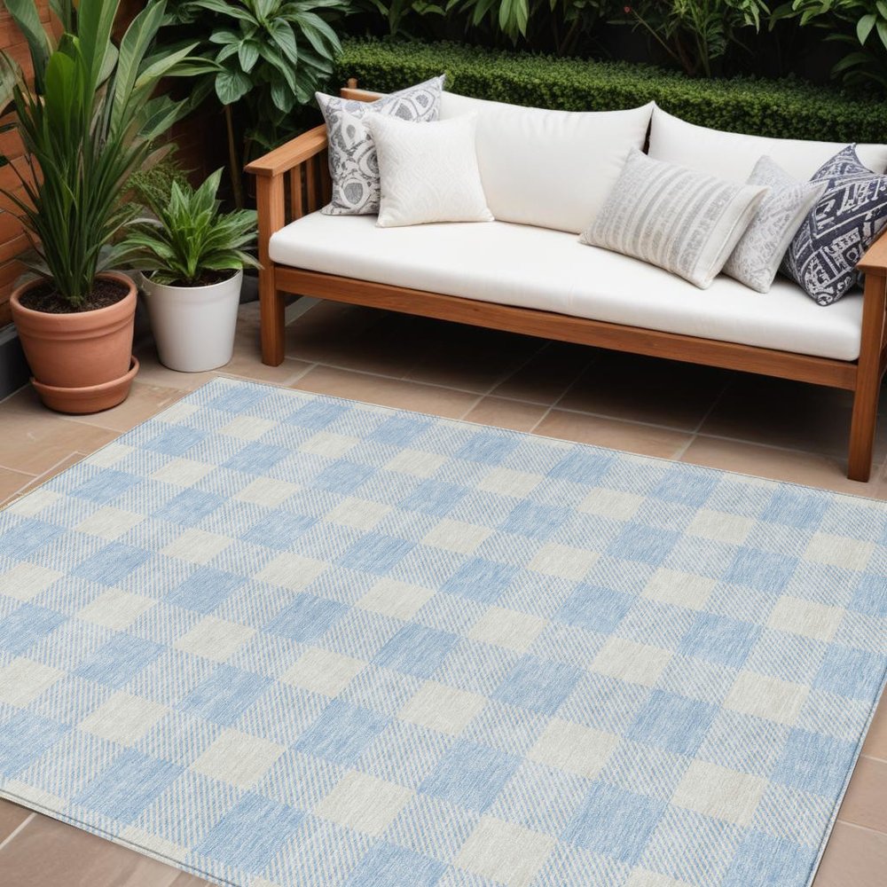 3' X 5' Sky Blue And Gray Plaid Washable Indoor Outdoor Area Rug