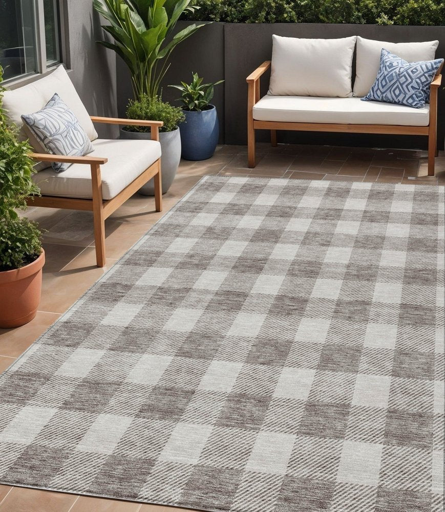 3' X 5' Taupe And Gray Plaid Washable Indoor Outdoor Area Rug