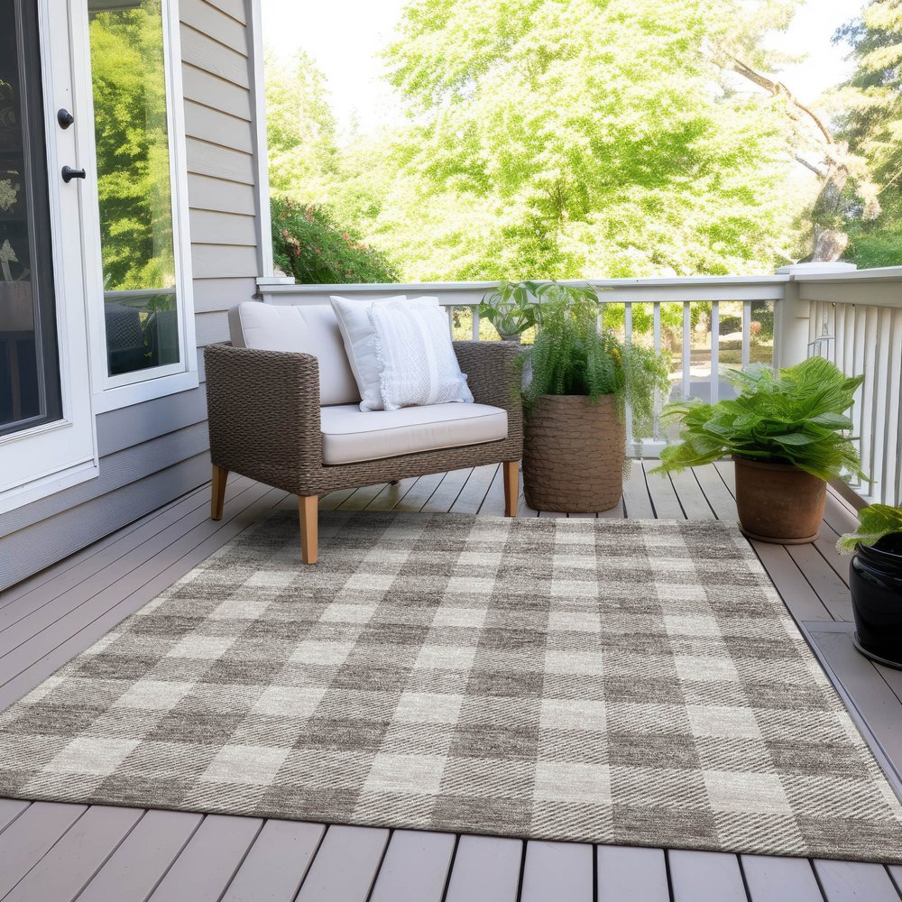 3' X 5' Taupe And Gray Plaid Washable Indoor Outdoor Area Rug