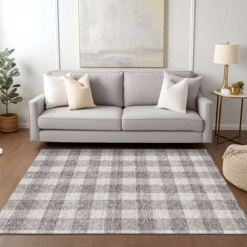 3' X 5' Taupe And Gray Plaid Washable Indoor Outdoor Area Rug