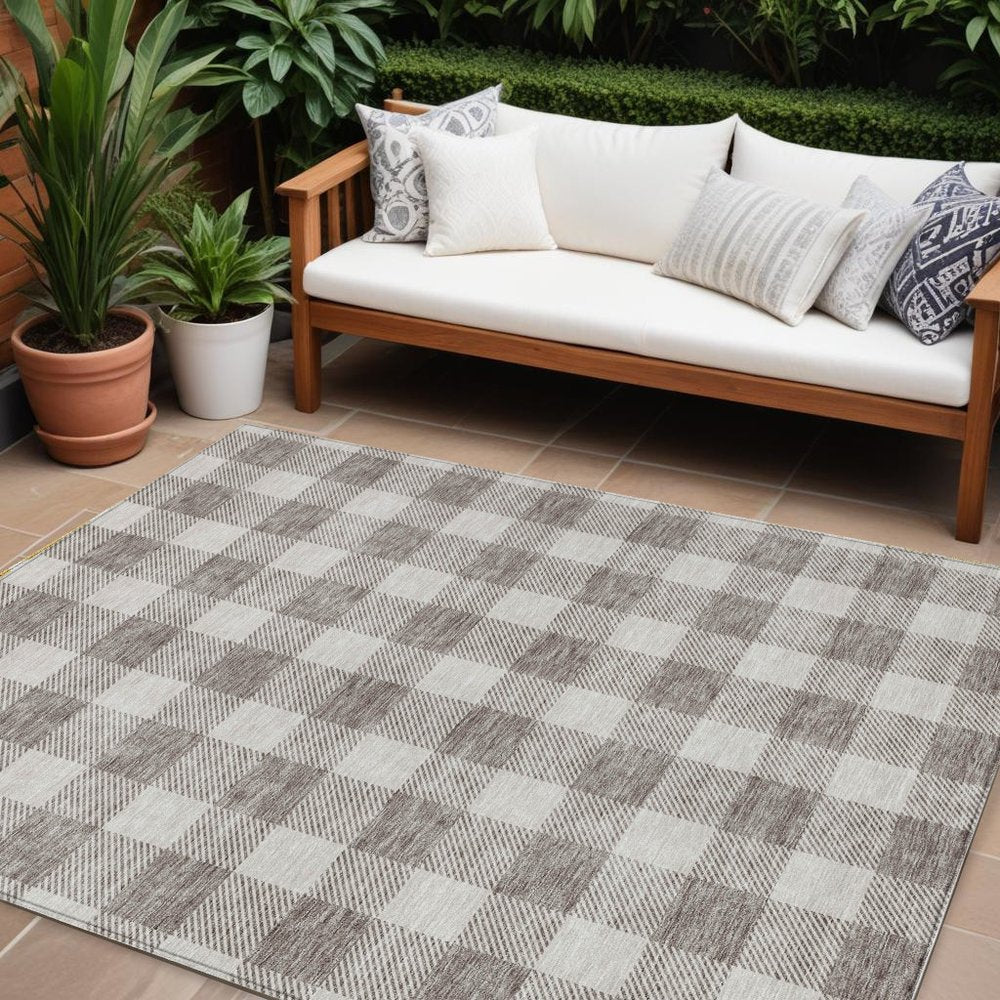 3' X 5' Taupe And Gray Plaid Washable Indoor Outdoor Area Rug