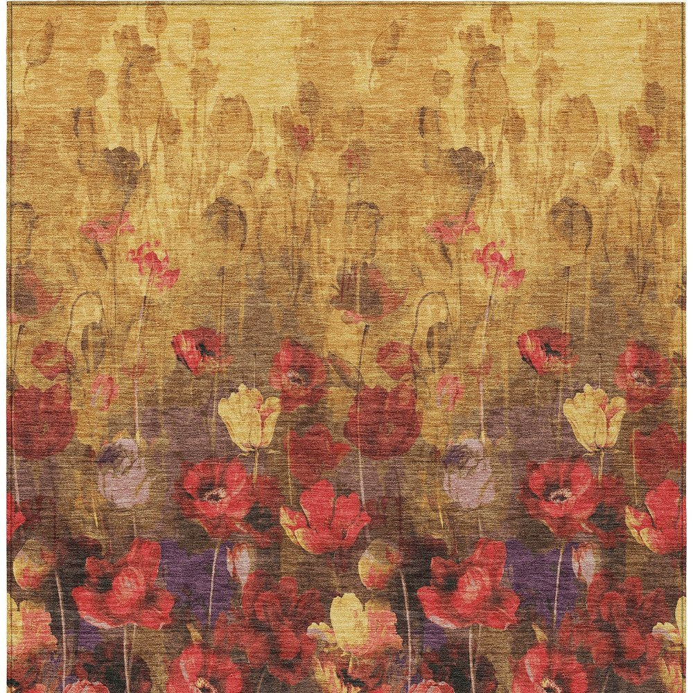 3' X 5' Gold Red And Brown Floral Washable Indoor Outdoor Area Rug