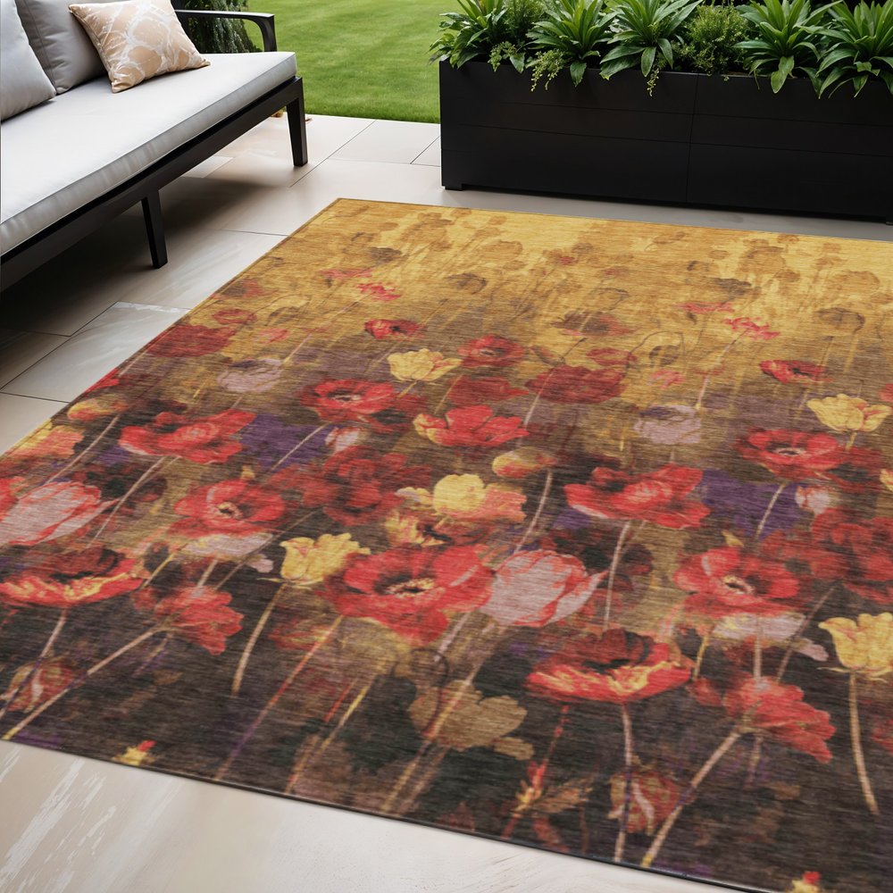 3' X 5' Gold Red And Brown Floral Washable Indoor Outdoor Area Rug