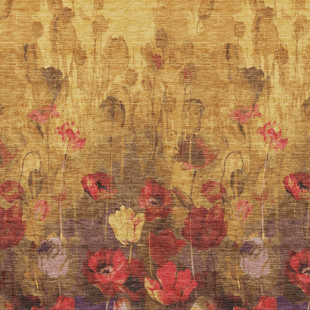 3' X 5' Gold Red And Brown Floral Washable Indoor Outdoor Area Rug
