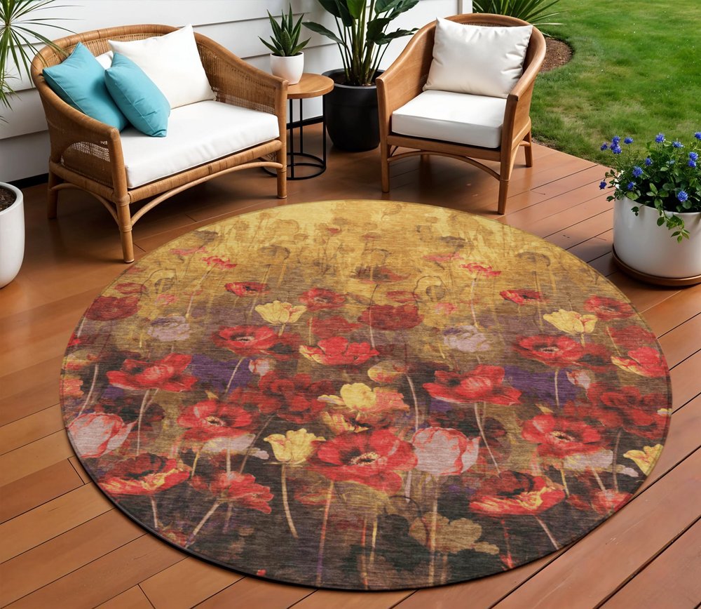 3' X 5' Gold Red And Brown Floral Washable Indoor Outdoor Area Rug