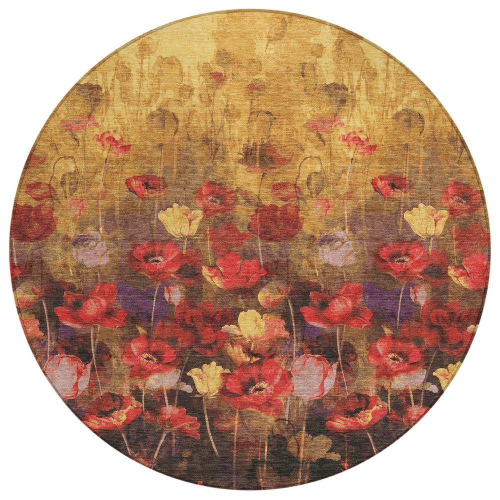 3' X 5' Gold Red And Brown Floral Washable Indoor Outdoor Area Rug