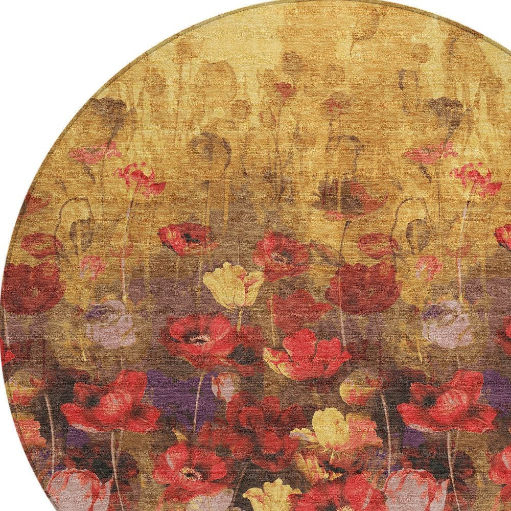 3' X 5' Gold Red And Brown Floral Washable Indoor Outdoor Area Rug