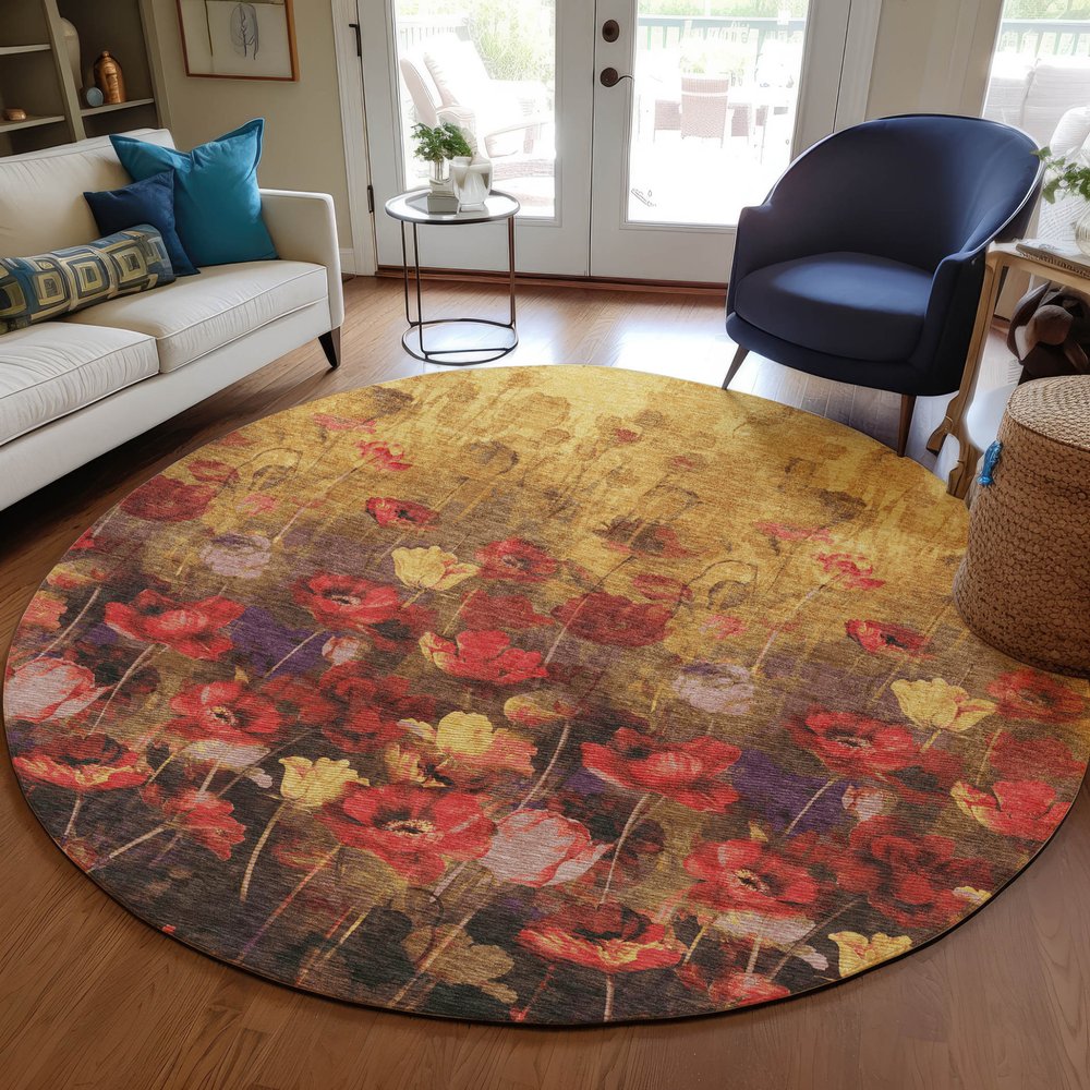 3' X 5' Gold Red And Brown Floral Washable Indoor Outdoor Area Rug