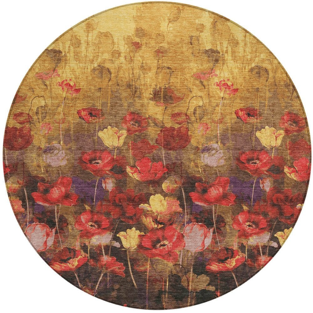 3' X 5' Gold Red And Brown Floral Washable Indoor Outdoor Area Rug