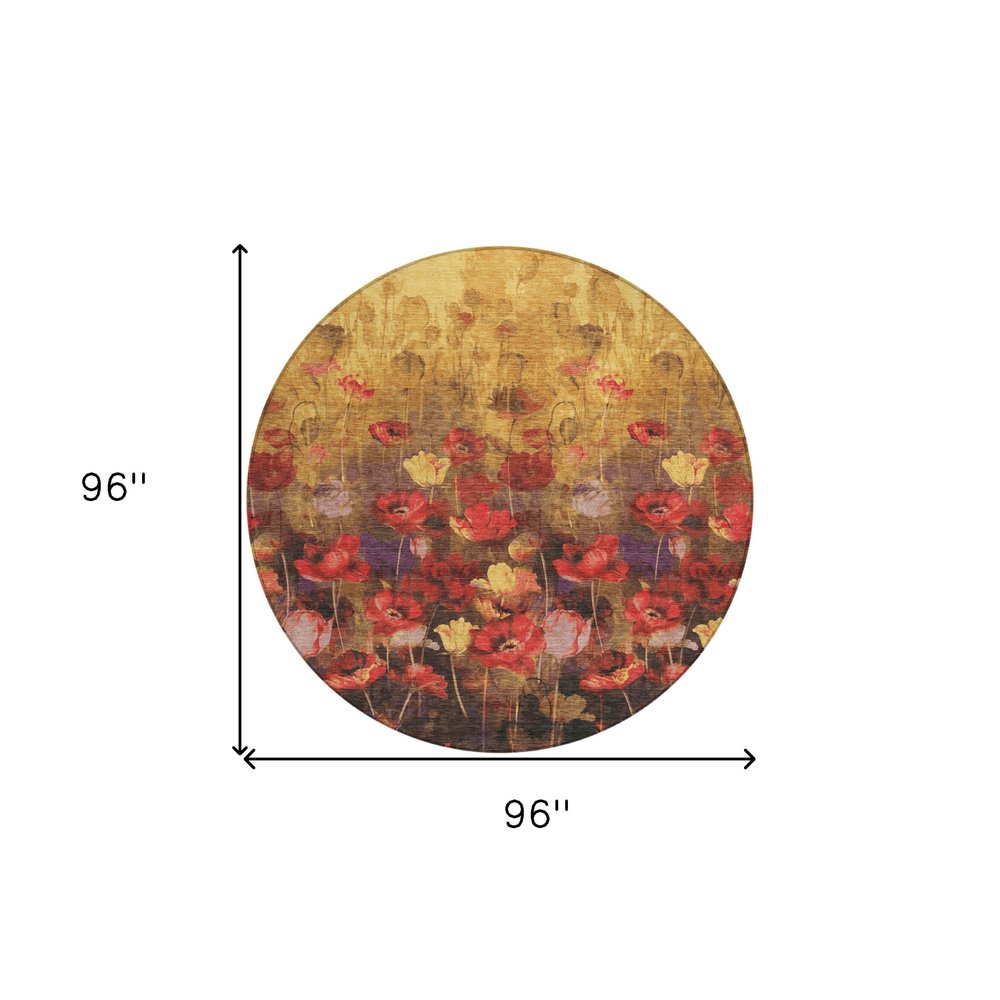 3' X 5' Gold Red And Brown Floral Washable Indoor Outdoor Area Rug