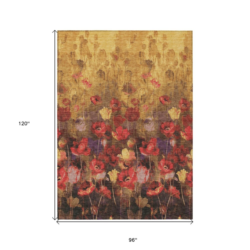 3' X 5' Gold Red And Brown Floral Washable Indoor Outdoor Area Rug