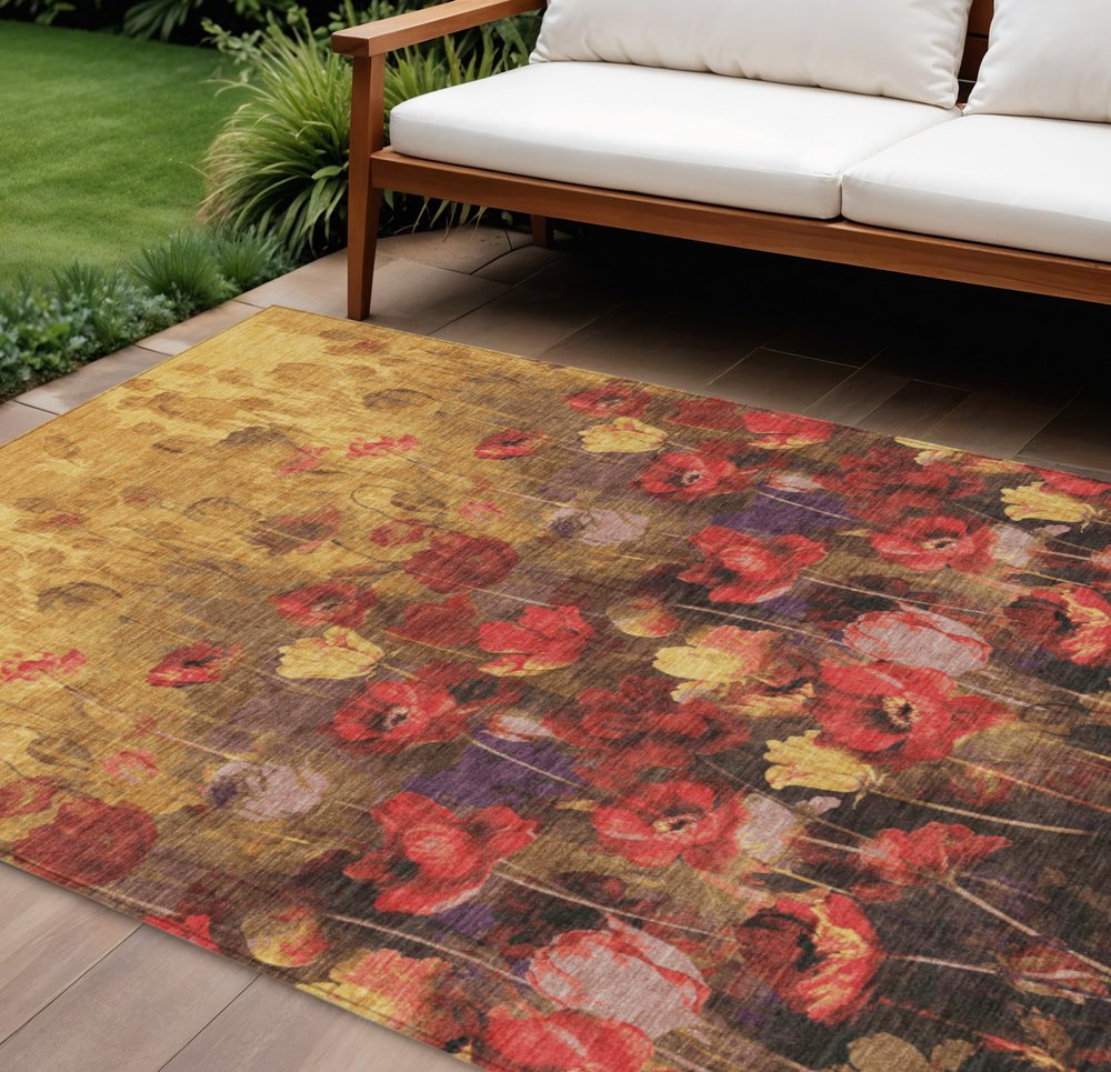 3' X 5' Gold Red And Brown Floral Washable Indoor Outdoor Area Rug
