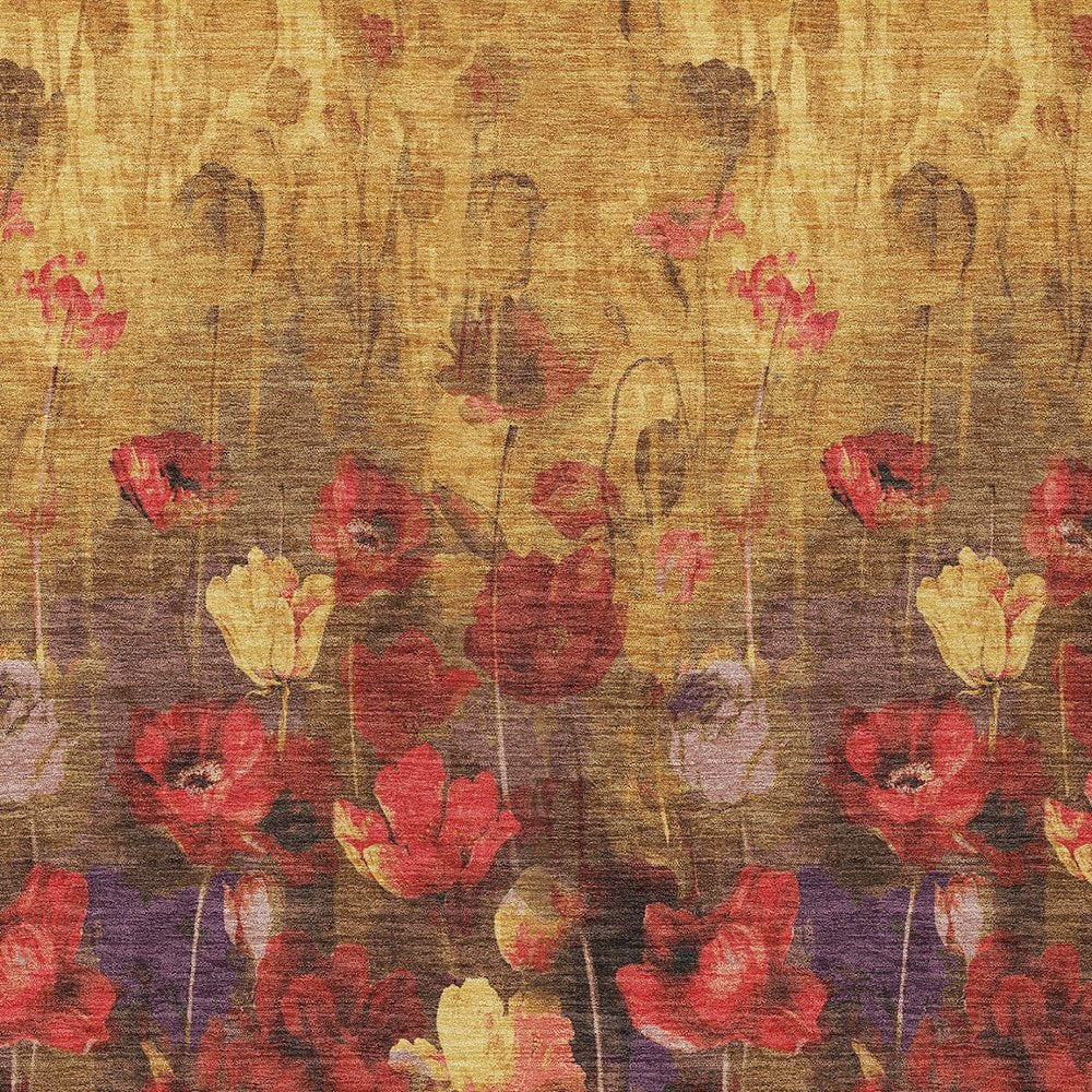 3' X 5' Gold Red And Brown Floral Washable Indoor Outdoor Area Rug