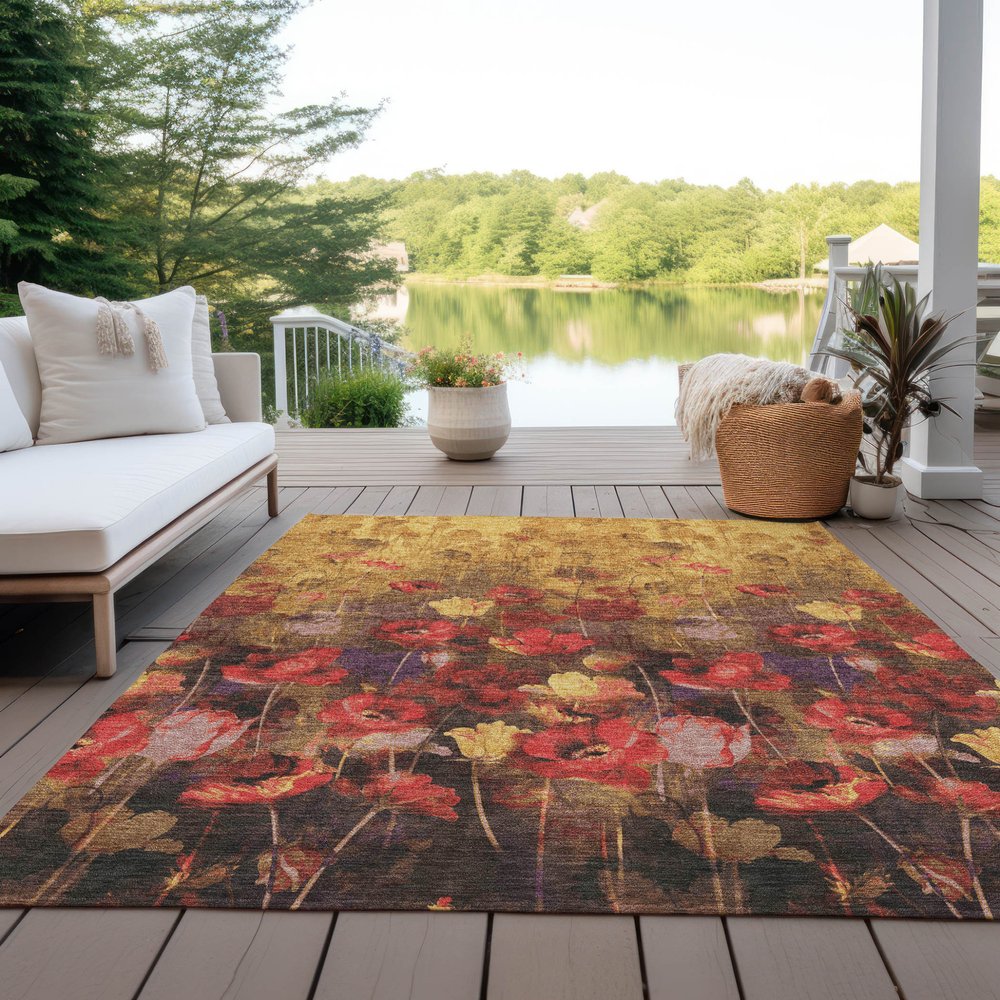 3' X 5' Gold Red And Brown Floral Washable Indoor Outdoor Area Rug