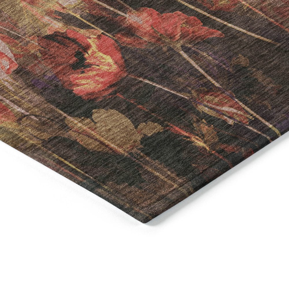 3' X 5' Gold Red And Brown Floral Washable Indoor Outdoor Area Rug