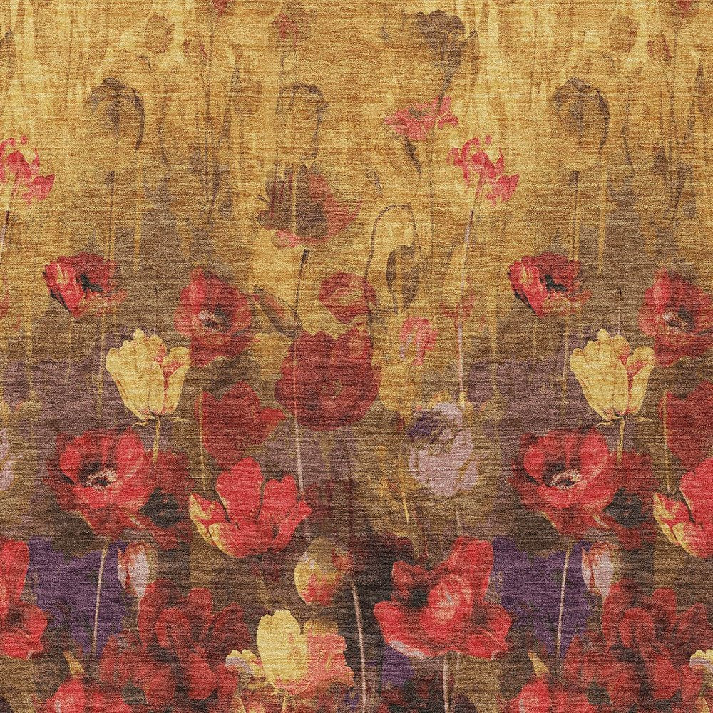 3' X 5' Gold Red And Brown Floral Washable Indoor Outdoor Area Rug