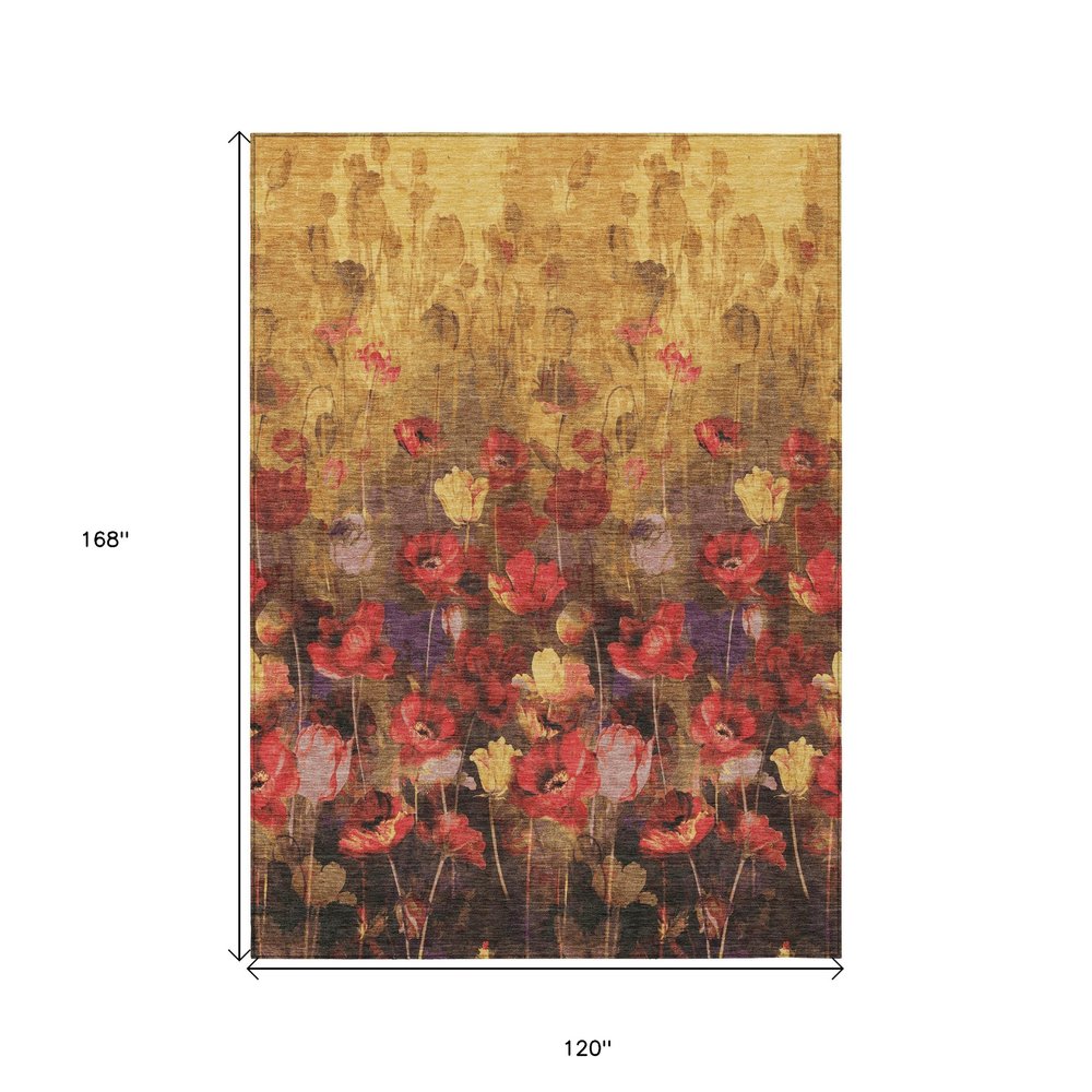 3' X 5' Gold Red And Brown Floral Washable Indoor Outdoor Area Rug