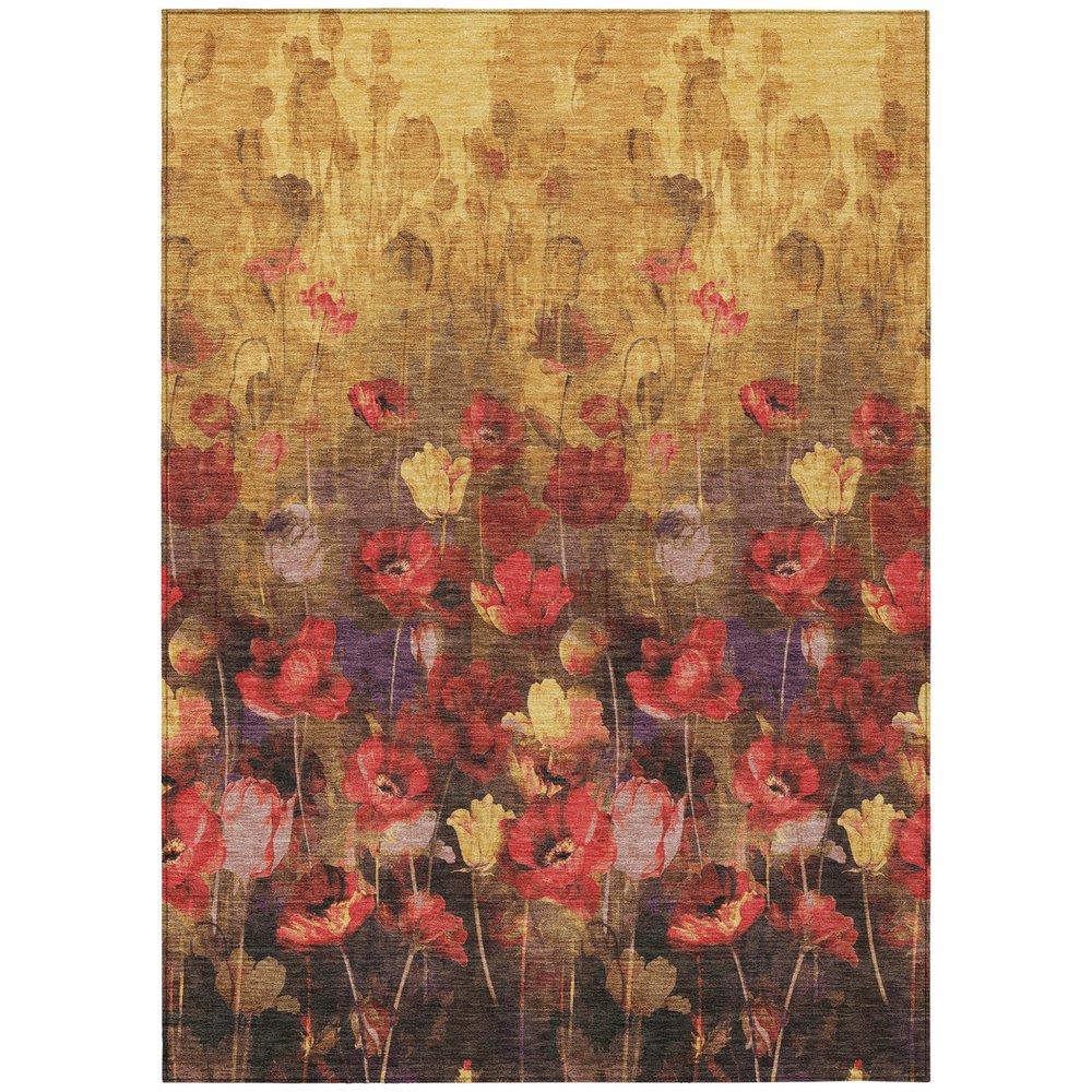 3' X 5' Gold Red And Brown Floral Washable Indoor Outdoor Area Rug