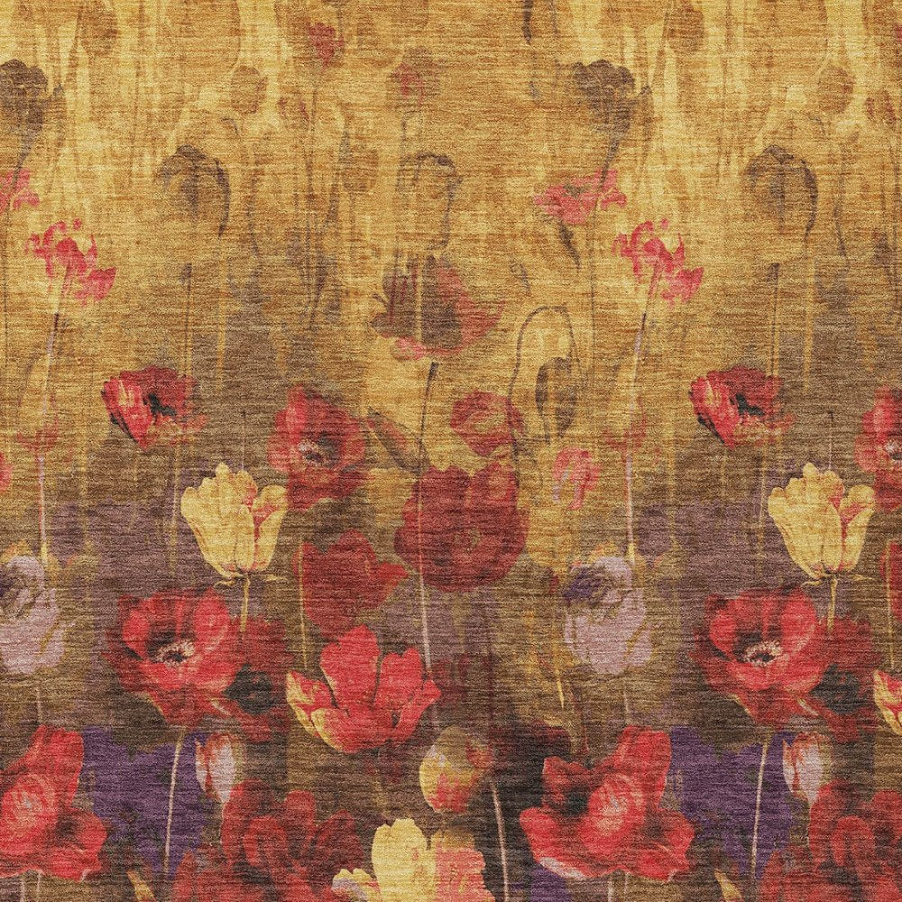 3' X 5' Gold Red And Brown Floral Washable Indoor Outdoor Area Rug