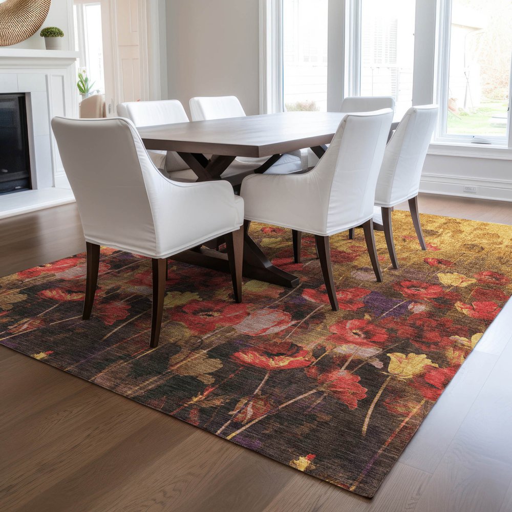 3' X 5' Gold Red And Brown Floral Washable Indoor Outdoor Area Rug