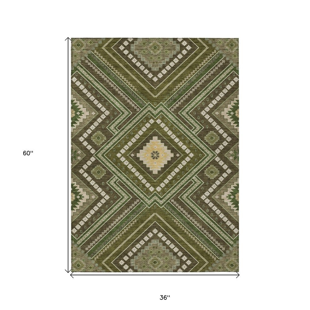 3' X 5' Olive Green Gray And Ivory Tribal Washable Indoor Outdoor Area Rug