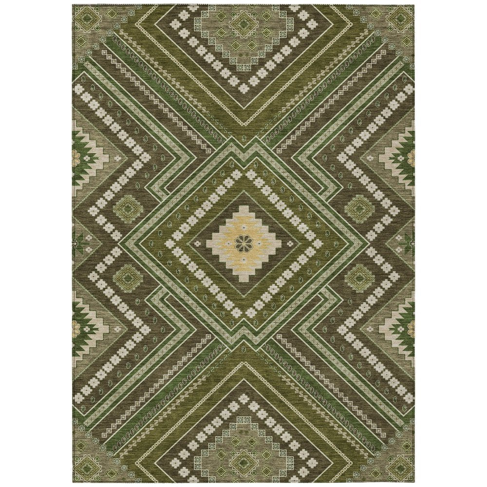 3' X 5' Olive Green Gray And Ivory Tribal Washable Indoor Outdoor Area Rug