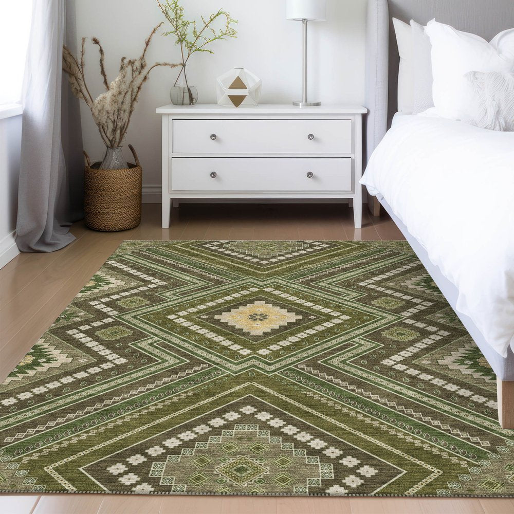 3' X 5' Olive Green Gray And Ivory Tribal Washable Indoor Outdoor Area Rug