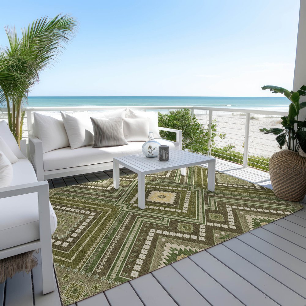 3' X 5' Olive Green Gray And Ivory Tribal Washable Indoor Outdoor Area Rug