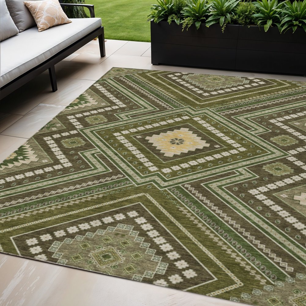 3' X 5' Olive Green Gray And Ivory Tribal Washable Indoor Outdoor Area Rug
