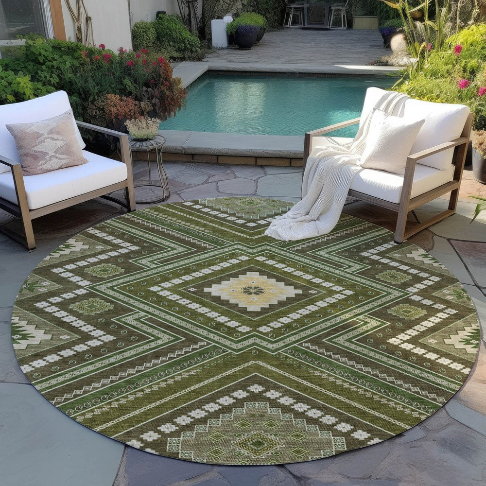 3' X 5' Olive Green Gray And Ivory Tribal Washable Indoor Outdoor Area Rug