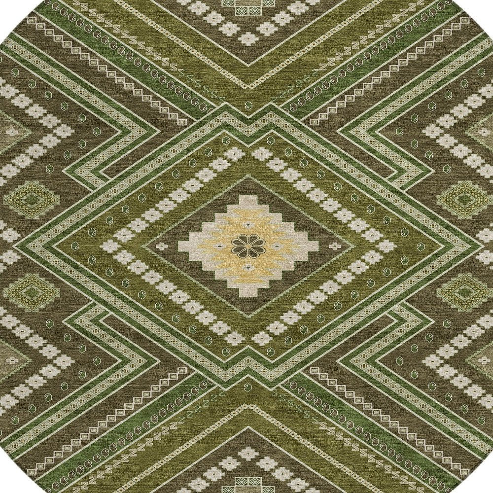 3' X 5' Olive Green Gray And Ivory Tribal Washable Indoor Outdoor Area Rug