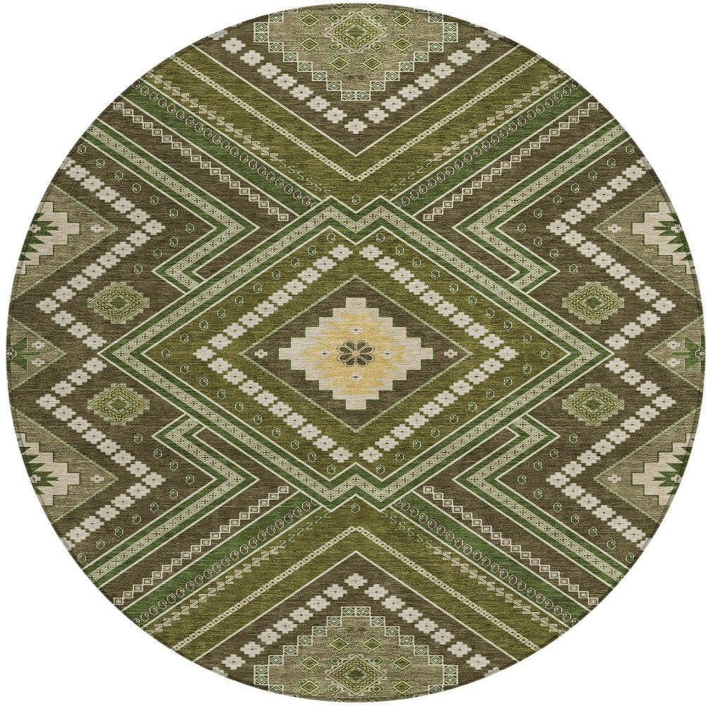 3' X 5' Olive Green Gray And Ivory Tribal Washable Indoor Outdoor Area Rug