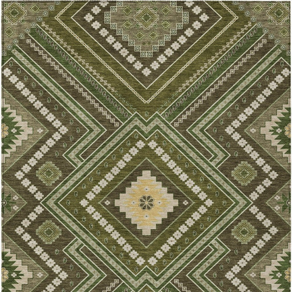 3' X 5' Olive Green Gray And Ivory Tribal Washable Indoor Outdoor Area Rug