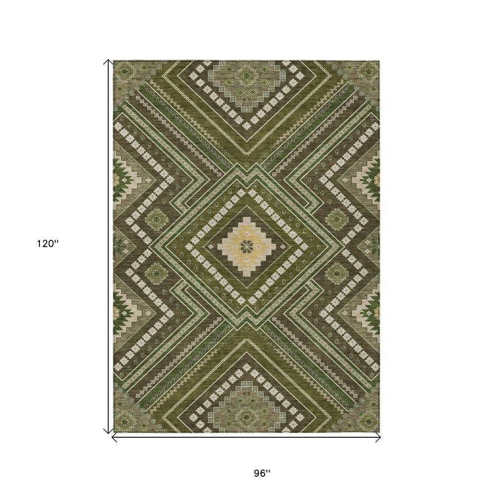 3' X 5' Olive Green Gray And Ivory Tribal Washable Indoor Outdoor Area Rug