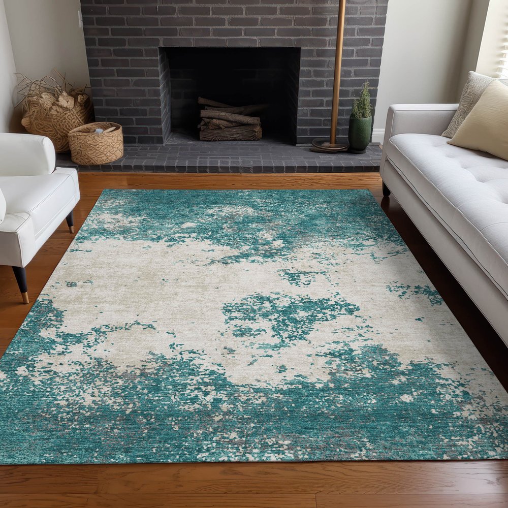3' X 5' Teal Blue Ivory And Gray Abstract Washable Indoor Outdoor Area Rug