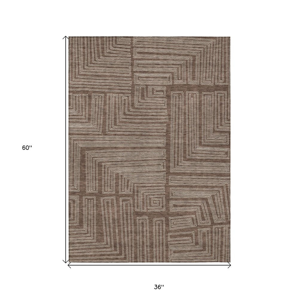 3' X 5' Brown And Ivory Geometric Washable Indoor Outdoor Area Rug