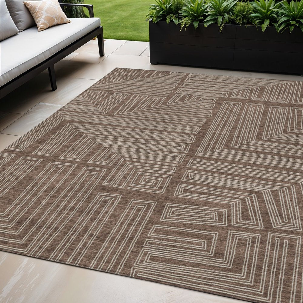 3' X 5' Brown And Ivory Geometric Washable Indoor Outdoor Area Rug