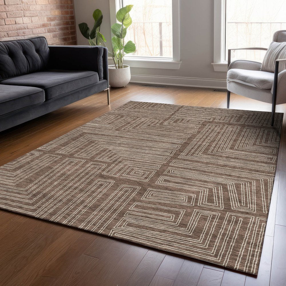 3' X 5' Brown And Ivory Geometric Washable Indoor Outdoor Area Rug