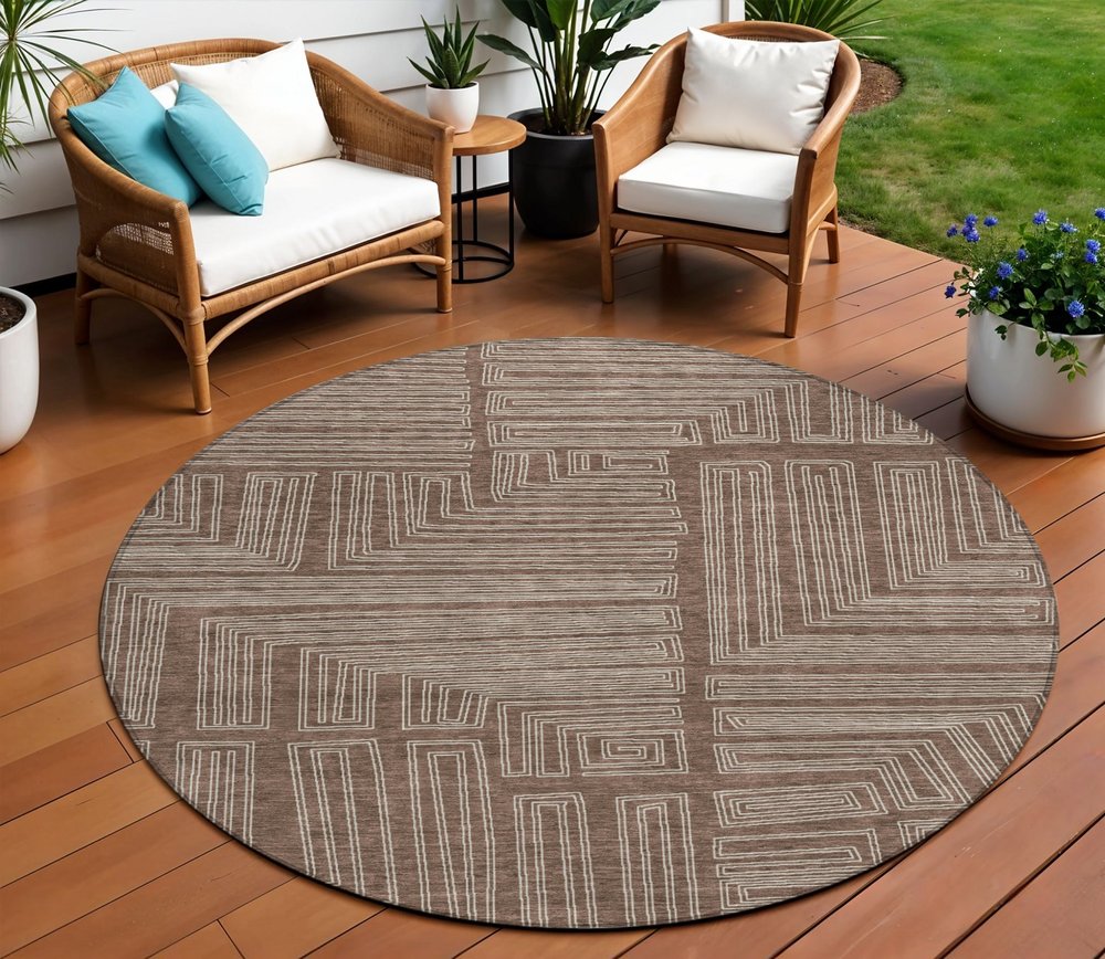 3' X 5' Brown And Ivory Geometric Washable Indoor Outdoor Area Rug