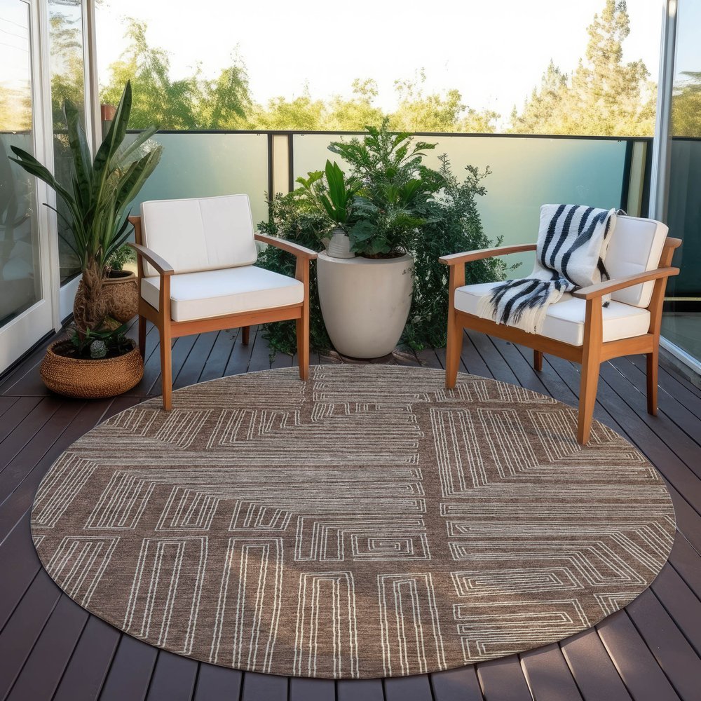 3' X 5' Brown And Ivory Geometric Washable Indoor Outdoor Area Rug