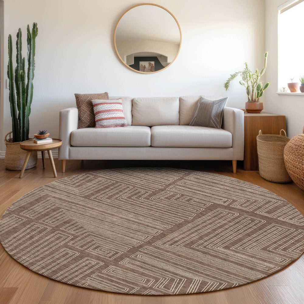 3' X 5' Brown And Ivory Geometric Washable Indoor Outdoor Area Rug