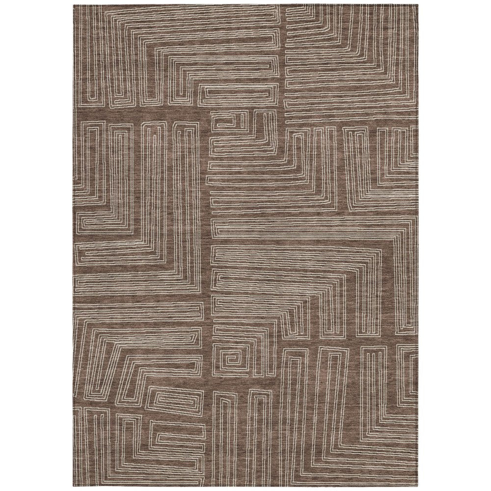 3' X 5' Brown And Ivory Geometric Washable Indoor Outdoor Area Rug