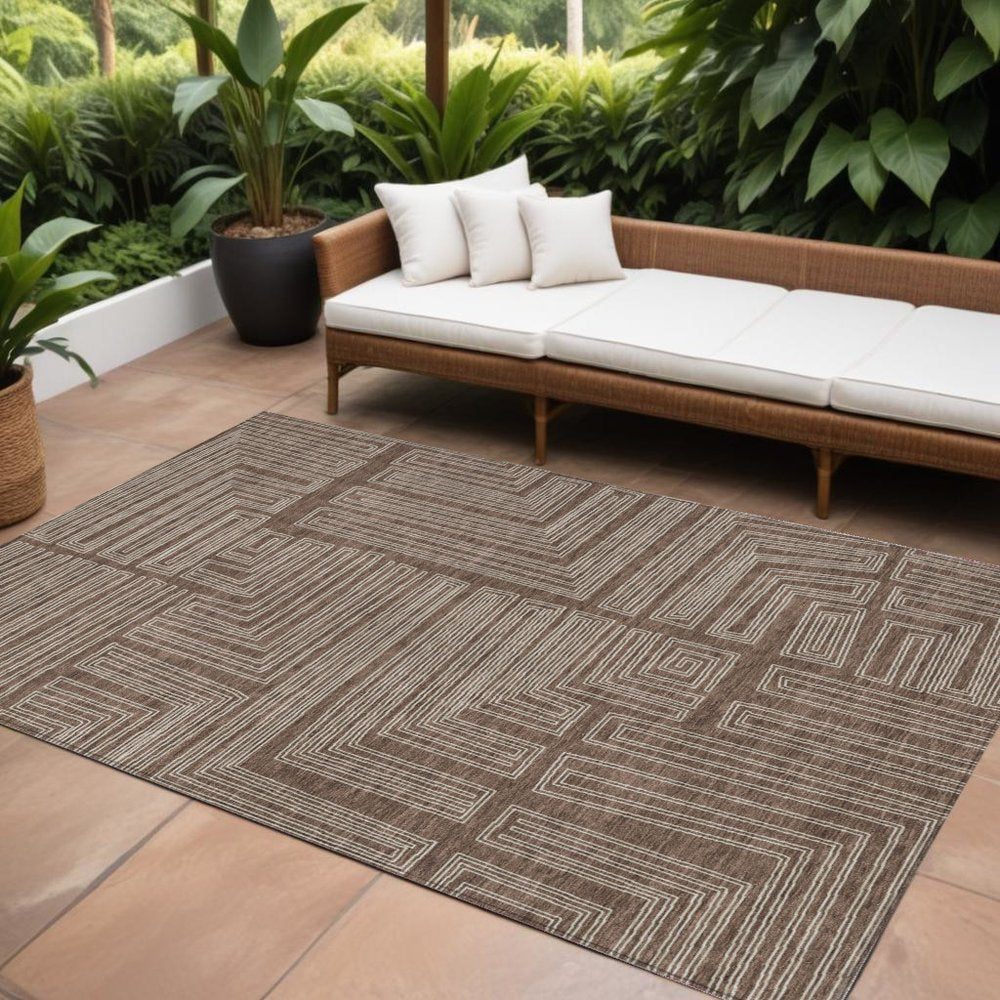 3' X 5' Brown And Ivory Geometric Washable Indoor Outdoor Area Rug