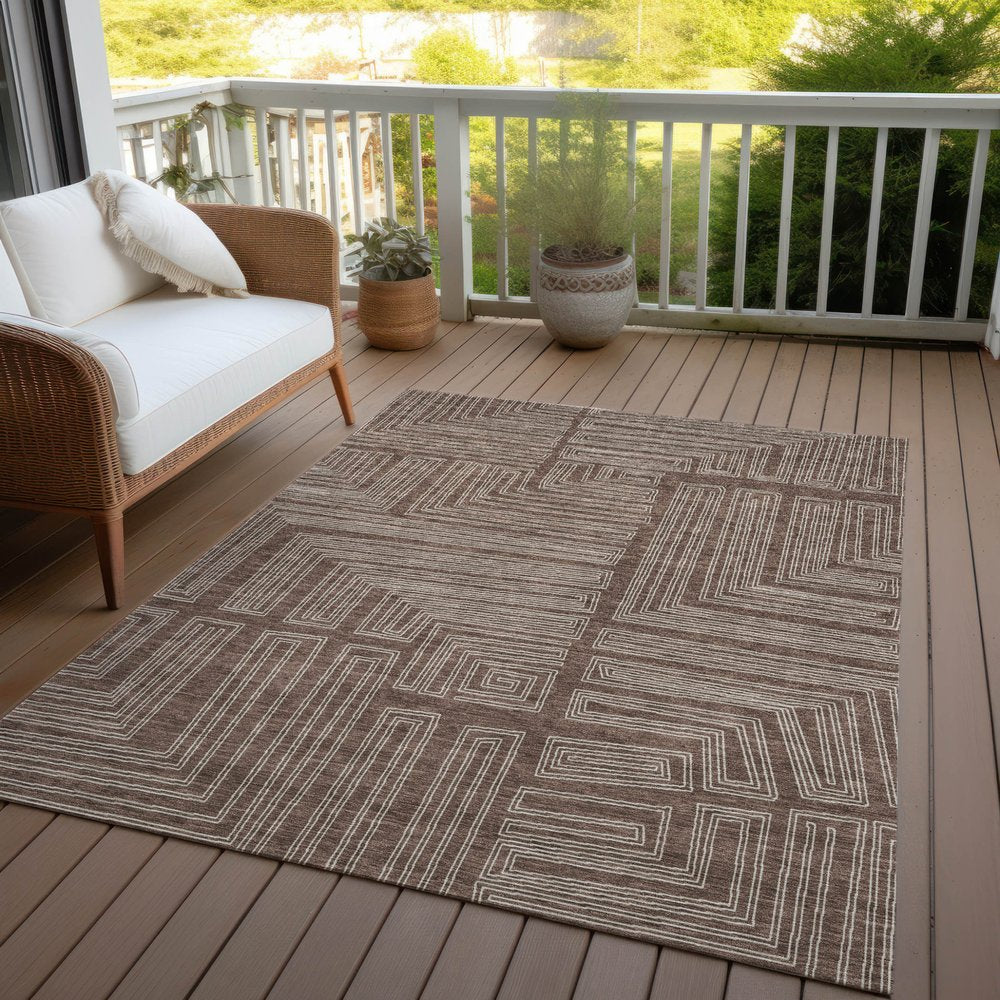 3' X 5' Brown And Ivory Geometric Washable Indoor Outdoor Area Rug