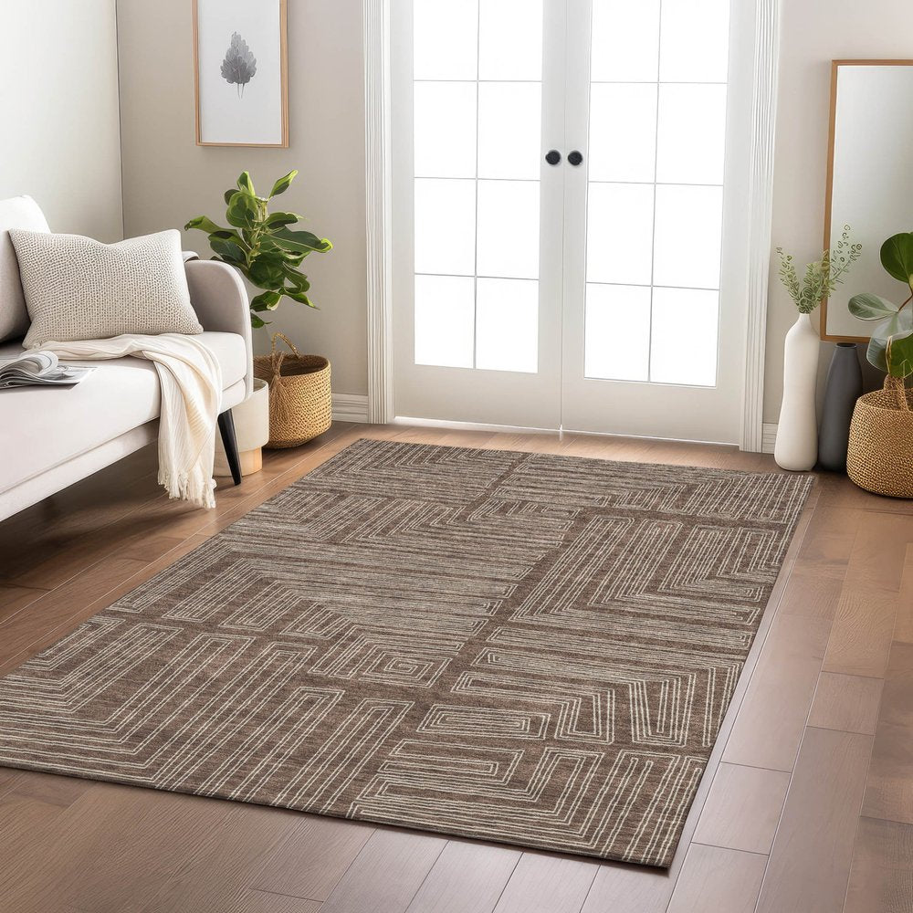 3' X 5' Brown And Ivory Geometric Washable Indoor Outdoor Area Rug
