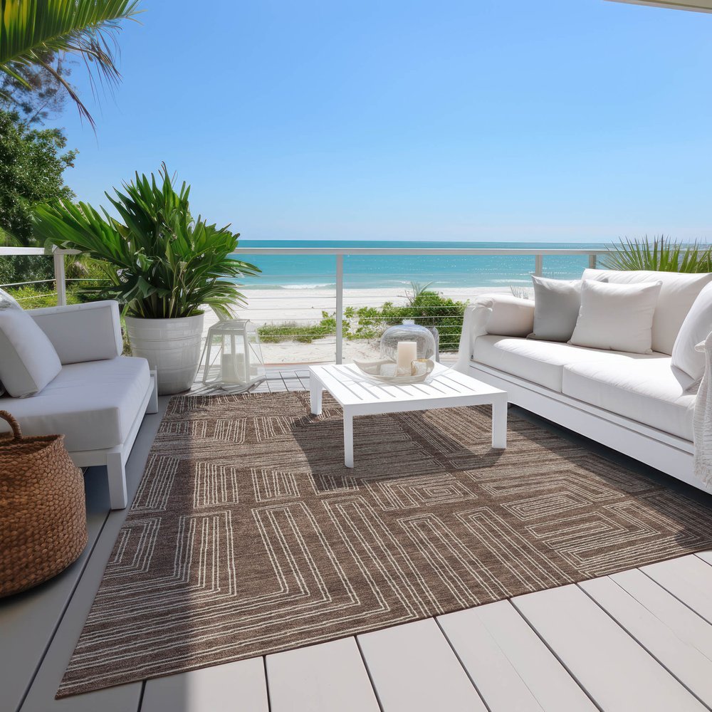 3' X 5' Brown And Ivory Geometric Washable Indoor Outdoor Area Rug