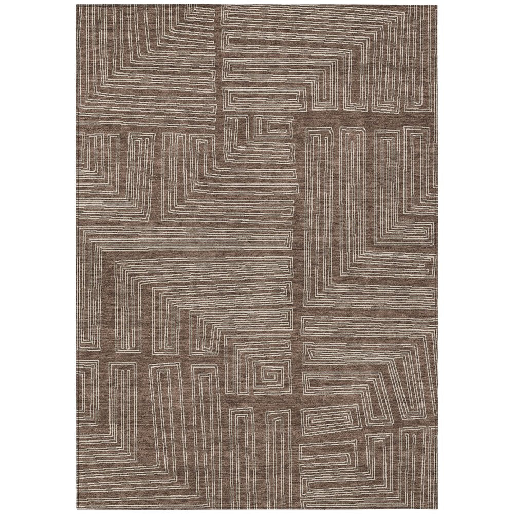 3' X 5' Brown And Ivory Geometric Washable Indoor Outdoor Area Rug